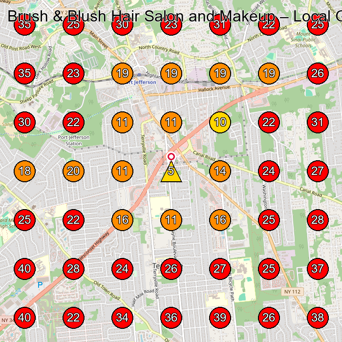 Brush & Blush Hair Salon and Makeup GeoGrid visibility map for Hair Salon in Port Jefferson Station